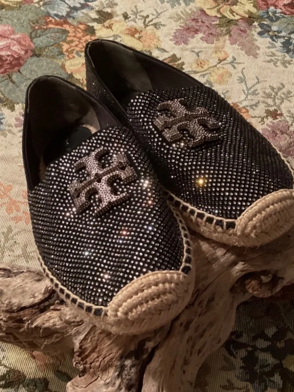 Tory Burch Crystal-Embellished Black Espadrille Size 8.5